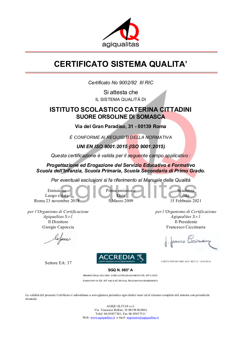 Scuola Caterina Cittadini Roma CertificatoQualità